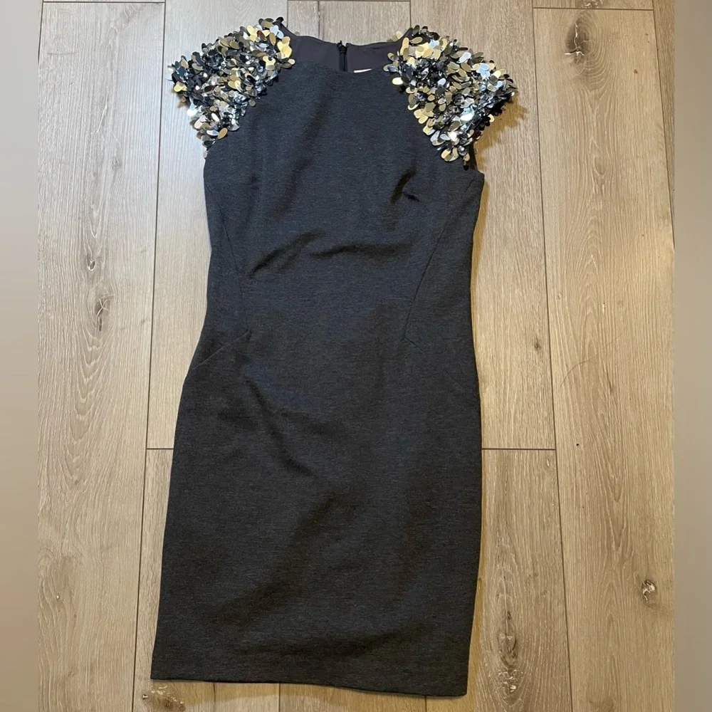 Michael Kors Gray Sheath Dress Sequin Shoulders Bodycon Party Mini Cocktail 2 - Picture 2 of 7